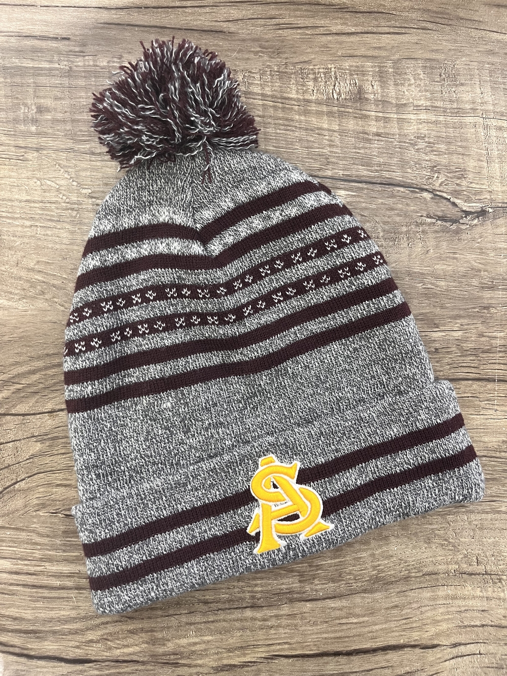 Striped Knit Pom Beanie with Folded Cuff and Yellow Logo Accent - Gray & Maroon